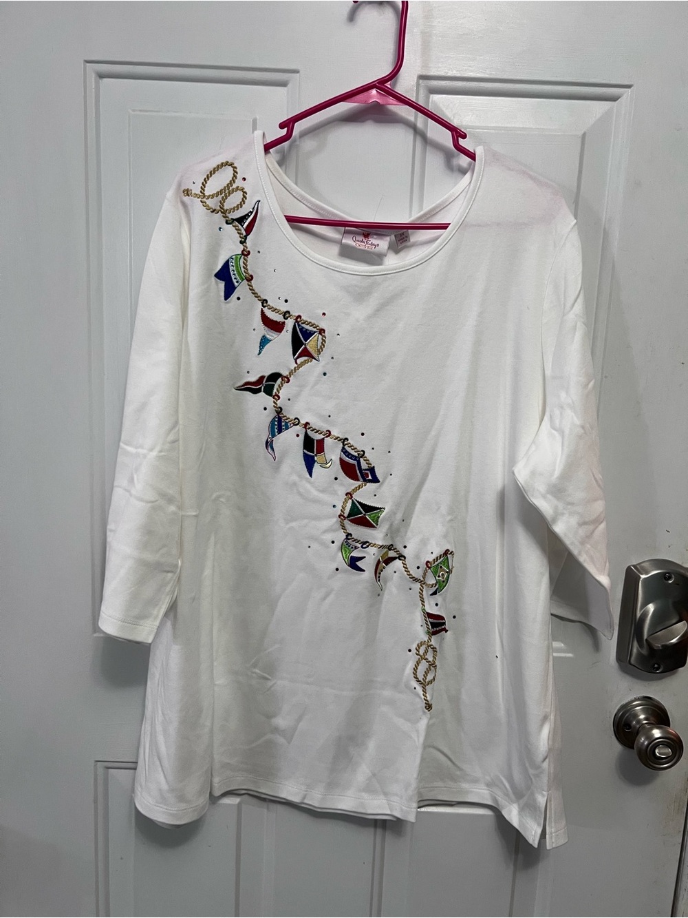 NWT Quacker Factory Jeanne Bice 2X White Nautical Sailboat Rhinestone Top